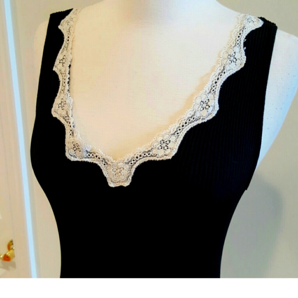 🐦⬛ Sweet Precious Merona Black Ribbed & Ivory Scalloped Lace Cami Tank Top - M - Picture 4 of 15